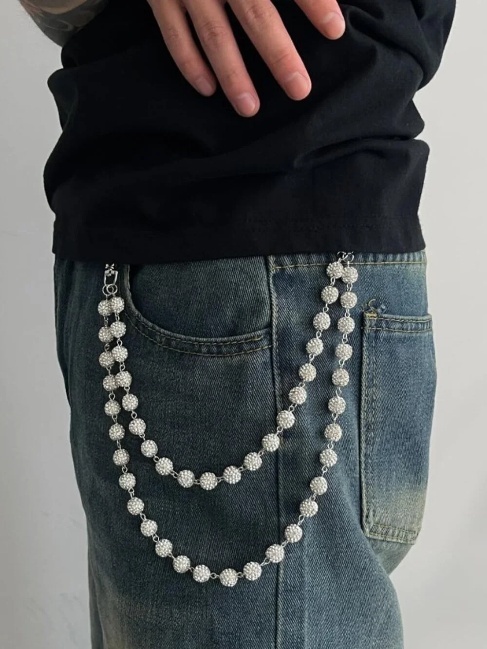Rhinestone Ball Jeans Chain, Double Layer Crystal Waist Chain, Silver & Blue Spa